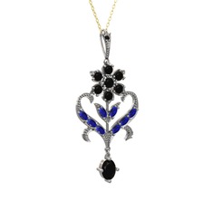 Siyah zirkon ve lab safir 14 ayar beyaz altın kolye (40 cm gümüş rolo zincir)