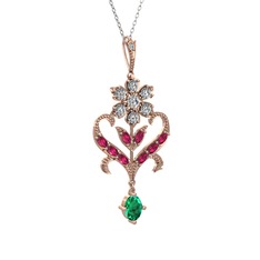 Beyaz zirkon, rodolit garnet ve yeşil kuvars 8 ayar rose altın kolye (40 cm beyaz altın rolo zincir)