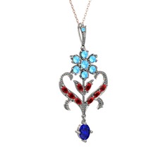 Akuamarin, garnet ve lab safir 925 ayar gümüş kolye (40 cm rose altın rolo zincir)