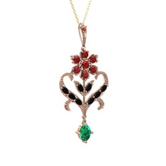 Garnet, siyah zirkon ve yeşil kuvars 8 ayar rose altın kolye (40 cm gümüş rolo zincir)