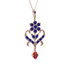 Lab safir ve garnet 14 ayar rose altın kolye (40 cm rose altın rolo zincir)