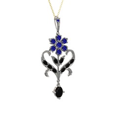 Lab safir ve siyah zirkon 925 ayar gümüş kolye (40 cm altın rolo zincir)
