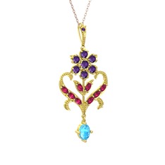 Ade Kraliyet Kolye - Ametist, rodolit garnet ve akuamarin 14 ayar altın kolye (40 cm gümüş rolo zincir) #1v6nayr