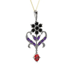 Siyah zirkon, ametist ve garnet 925 ayar gümüş kolye (40 cm altın rolo zincir)