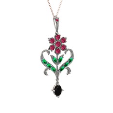 Rodolit garnet, yeşil kuvars ve siyah zirkon 14 ayar beyaz altın kolye (40 cm rose altın rolo zincir)