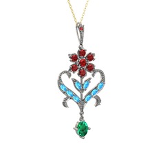 Garnet, akuamarin ve yeşil kuvars 925 ayar gümüş kolye (40 cm altın rolo zincir)