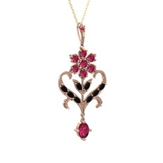 Rodolit garnet ve siyah zirkon 8 ayar rose altın kolye (40 cm altın rolo zincir)