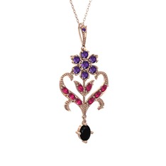 Ade Kraliyet Kolye - Ametist, rodolit garnet ve siyah zirkon 925 ayar rose altın kaplama gümüş kolye (40 cm gümüş rolo zincir) #1vy6hm0