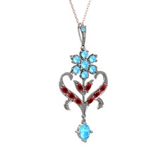 Akuamarin ve garnet 14 ayar beyaz altın kolye (40 cm rose altın rolo zincir)