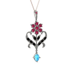 Ade Kraliyet Kolye - Rodolit garnet, siyah zirkon ve akuamarin 8 ayar beyaz altın kolye (40 cm gümüş rolo zincir) #1w5e4py