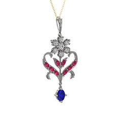 Beyaz zirkon, rodolit garnet ve lab safir 8 ayar beyaz altın kolye (40 cm gümüş rolo zincir)