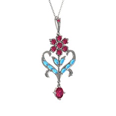 Rodolit garnet ve akuamarin 925 ayar gümüş kolye (40 cm gümüş rolo zincir)