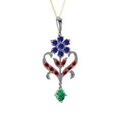 Lab safir, garnet ve yeşil kuvars 925 ayar gümüş kolye (40 cm altın rolo zincir)