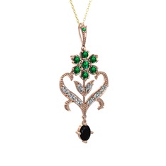 Yeşil kuvars, beyaz zirkon ve siyah zirkon 925 ayar rose altın kaplama gümüş kolye (40 cm gümüş rolo zincir)
