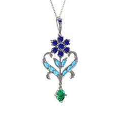 Lab safir, akuamarin ve yeşil kuvars 925 ayar gümüş kolye (40 cm gümüş rolo zincir)