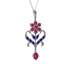 Rodolit garnet ve lab safir 925 ayar gümüş kolye (40 cm gümüş rolo zincir)