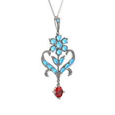 Akuamarin ve garnet 14 ayar beyaz altın kolye (40 cm gümüş rolo zincir)