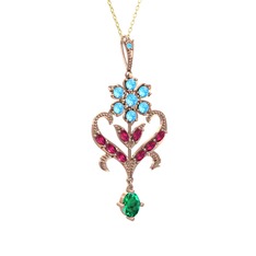 Akuamarin, rodolit garnet ve yeşil kuvars 14 ayar rose altın kolye (40 cm altın rolo zincir)