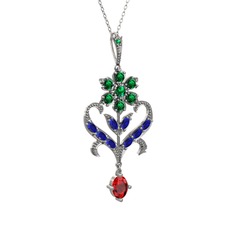 Ade Kraliyet Kolye - Yeşil kuvars, lab safir ve garnet 925 ayar gümüş kolye (40 cm beyaz altın rolo zincir) #1xprb8x