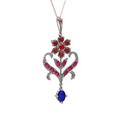 Garnet, rodolit garnet ve lab safir 925 ayar gümüş kolye (40 cm rose altın rolo zincir)