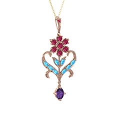 Ade Kraliyet Kolye - Rodolit garnet, akuamarin ve ametist 8 ayar rose altın kolye (40 cm altın rolo zincir) #1yf1qiy