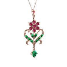 Rodolit garnet ve yeşil kuvars 14 ayar rose altın kolye (40 cm gümüş rolo zincir)