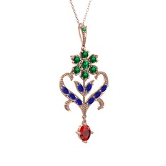 Yeşil kuvars, lab safir ve garnet 8 ayar rose altın kolye (40 cm gümüş rolo zincir)