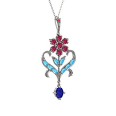 Rodolit garnet, akuamarin ve lab safir 14 ayar beyaz altın kolye (40 cm gümüş rolo zincir)