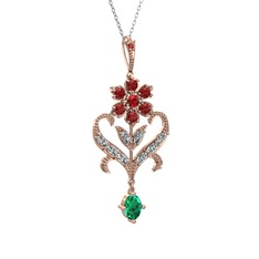 Garnet, beyaz zirkon ve yeşil kuvars 14 ayar rose altın kolye (40 cm beyaz altın rolo zincir)