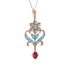 Beyaz zirkon, akuamarin ve rodolit garnet 925 ayar rose altın kaplama gümüş kolye (40 cm beyaz altın rolo zincir)