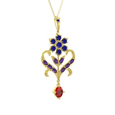 Ade Kraliyet Kolye - Lab safir, ametist ve garnet 8 ayar altın kolye (40 cm altın rolo zincir) #292ooj