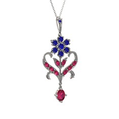 Lab safir ve rodolit garnet 925 ayar gümüş kolye (40 cm gümüş rolo zincir)