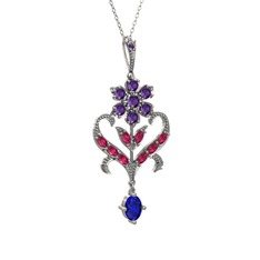 Ametist, rodolit garnet ve lab safir 14 ayar beyaz altın kolye (40 cm beyaz altın rolo zincir)