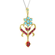 Akuamarin, rodolit garnet ve garnet 14 ayar altın kolye (40 cm gümüş rolo zincir)