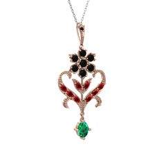 Siyah zirkon, garnet ve yeşil kuvars 14 ayar rose altın kolye (40 cm beyaz altın rolo zincir)