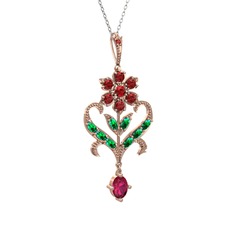 Garnet, yeşil kuvars ve rodolit garnet 14 ayar rose altın kolye (40 cm gümüş rolo zincir)