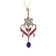 Beyaz zirkon, rodolit garnet ve lab safir 925 ayar rose altın kaplama gümüş kolye (40 cm altın rolo zincir)
