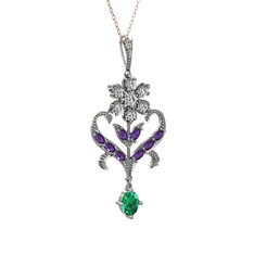 Ade Kraliyet Kolye - Beyaz zirkon, ametist ve yeşil kuvars 925 ayar gümüş kolye (40 cm rose altın rolo zincir) #3tdrhq