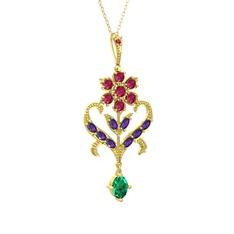 Rodolit garnet, ametist ve yeşil kuvars 8 ayar altın kolye (40 cm gümüş rolo zincir)