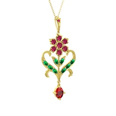 Rodolit garnet, yeşil kuvars ve garnet 925 ayar altın kaplama gümüş kolye (40 cm altın rolo zincir)