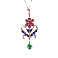 Ade Kraliyet Kolye - Rodolit garnet, lab safir ve yeşil kuvars 14 ayar rose altın kolye (40 cm gümüş rolo zincir) #468708