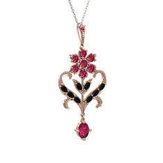 Rodolit garnet ve siyah zirkon 925 ayar rose altın kaplama gümüş kolye (40 cm gümüş rolo zincir)