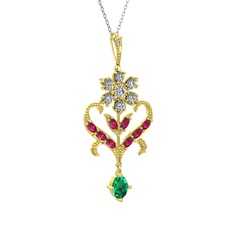 Beyaz zirkon, rodolit garnet ve yeşil kuvars 14 ayar altın kolye (40 cm gümüş rolo zincir)