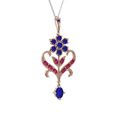Lab safir ve rodolit garnet 14 ayar rose altın kolye (40 cm gümüş rolo zincir)