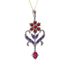 Garnet, ametist ve rodolit garnet 925 ayar gümüş kolye (40 cm altın rolo zincir)