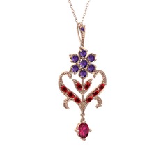 Ametist, garnet ve rodolit garnet 8 ayar rose altın kolye (40 cm gümüş rolo zincir)