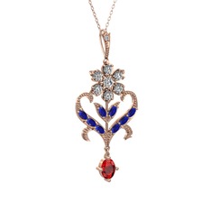 Beyaz zirkon, lab safir ve garnet 8 ayar rose altın kolye (40 cm rose altın rolo zincir)