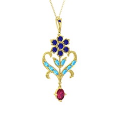 Lab safir, akuamarin ve rodolit garnet 8 ayar altın kolye (40 cm altın rolo zincir)