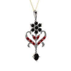 Siyah zirkon ve garnet 14 ayar beyaz altın kolye (40 cm gümüş rolo zincir)