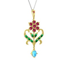 Rodolit garnet, yeşil kuvars ve akuamarin 8 ayar altın kolye (40 cm beyaz altın rolo zincir)